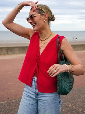 レッド ホワイトキャミソールトップ 装飾襟 ツートン レースアップ カジュアル 結び目 コットン レディース キャミソール