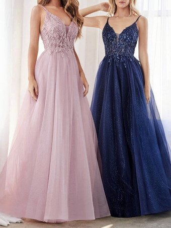 ピンクのイブニングドレスAラインVネックノースリーブポリエステルフロアレングスレースフォーマルパーティードレス