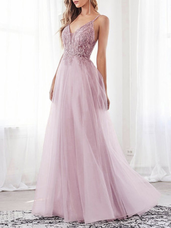 ピンクのイブニングドレスAラインVネックノースリーブポリエステルフロアレングスレースフォーマルパーティードレス