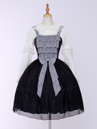 Lolitashow Exklusive Gothic JSK Lolita-Kleider Schleifen Rüschen Blumendruck Schwarzer Pulloverrock Sommer Täglich Freizeitkleid