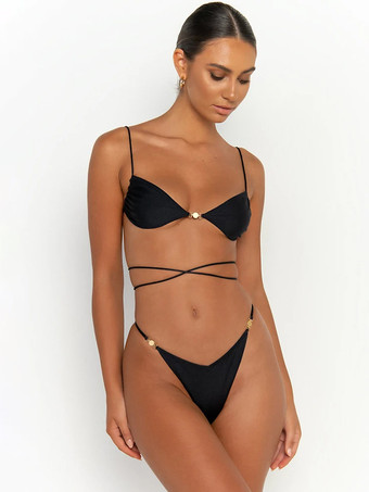 レディース ビキニ水着 ブラック グロメット 結び目 ウエスト上げ 夏 ビーチ 水着