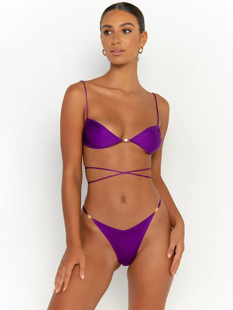 パープル レディース ビキニ水着 ブラック グロメット 結び目 ウエスト上げ 夏 ビーチ 水着