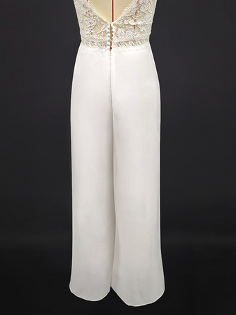 ブライダルジャンプスーツ レース レース フロアレングス ジャンプスーツ Vネック 半袖 アイボリー