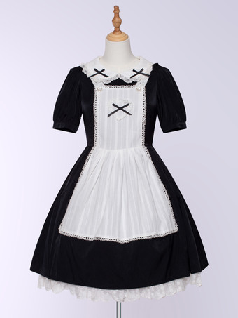 Lolitashow Exklusives Gothic Lolita-Kleid mit Schleifen und Rüschen kurze Ärmel Baumwolle schwarzes Teeparty-Kleid