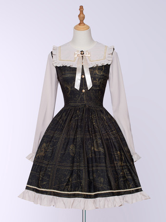 Lolitashow限定ゴシックロリータドレスレースアップフリル花柄ディープブラウンサマーティーパーティーシフォンドレス