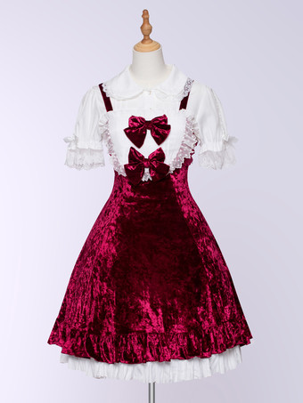 Lolitashow Exklusives süßes Lolita-Kleid aus Velours ärmelloser Pullover Spitze Schleifen Rüschen Alltags- und Freizeitkleid