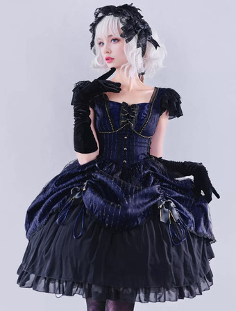 Lolitashow Robes lolita gothiques exclusives Volants Arcs Dentelle Rayures Bleu Robe décontractée quotidienne