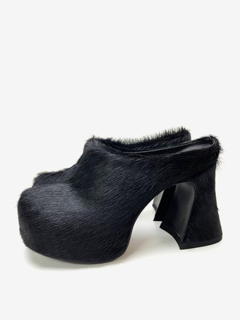 Black Women's Black Mules Horse Hair Puppy Heel Mule Shoes