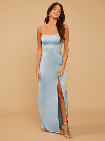 ベビーブルーブライドメイドドレス サテン生地 シース マキシレングス ウェディングパーティードレス