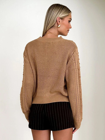 レディース プルオーバー セーター カーキ カットアウト ジュエルネック 長袖 アクリル セーター