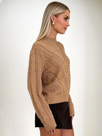 レディース プルオーバー セーター カーキ カットアウト ジュエルネック 長袖 アクリル セーター