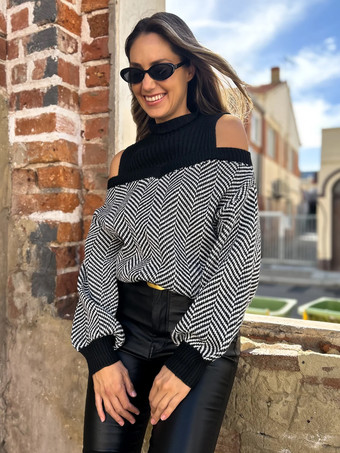 レディース プルオーバー ブラック カラーブロック ジュエルネック 長袖 オープンショルダー アクリルセーター