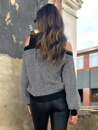 レディース プルオーバー ブラック カラーブロック ジュエルネック 長袖 オープンショルダー アクリルセーター