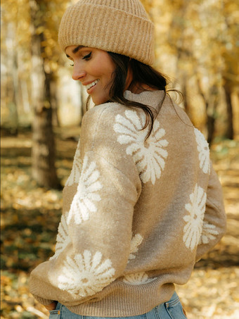 レディース プルオーバー セーター キャメル 花柄 ジュエルネック 長袖 アクリル セーター