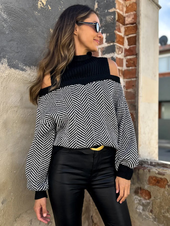 ブラック レディース プルオーバー ブラック カラーブロック ジュエルネック 長袖 オープンショルダー アクリルセーター