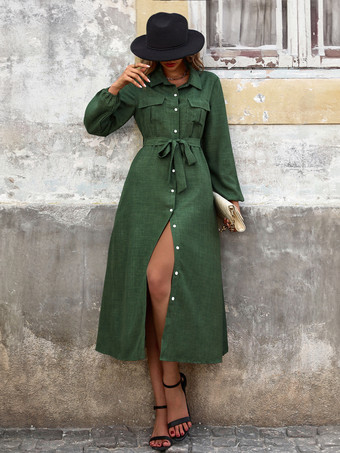 ハンターグリーン シャツドレス ハンターグリーン ターンダウンカラー サッシュ 長袖 ポリエステル ミディドレス ドレス