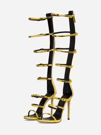ゴールド レディース ニーハイ グラディエーター サンダル ブラック オープントゥ バックルディテール ストラップ ハイヒール サンダル シューズ