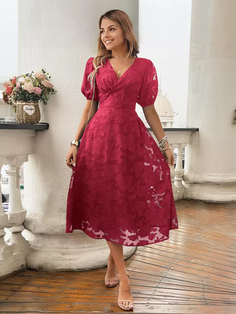 rojo Encaje Elegante Escote en V Manga corta Vestidos de encaje