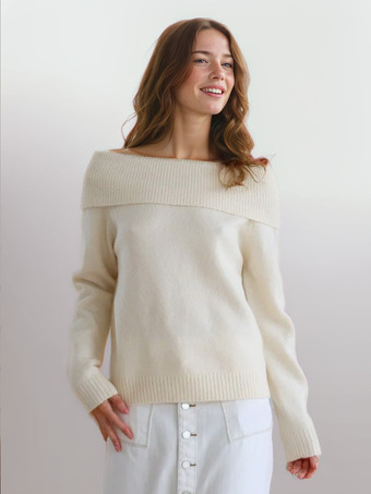 レディース プルオーバー セーター ホワイト バトーネック 長袖 ポリエステル セーター