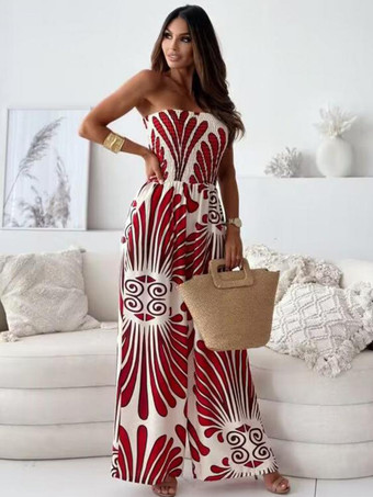 レッド ダークネイビープリント ストラップレス ノースリーブ ポリエステル ストレート サマーワンピース