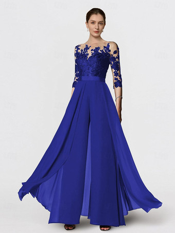 ブルーブライダルマザードレス ジュエルネック ハーフスリーブ ツーピース レース フロアレングス ウェディングゲストドレス