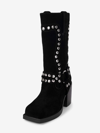 スエードスタッズミッドカーフブーツブロックヒールラウンドトゥバックルディテールブーツ