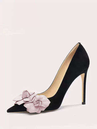 Black Suede High Heel Dress Shoes Flowers Pointed Toe Stiletto Heel Pumps