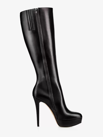 ブラック プラットフォーム ニーハイブーツ ラウンドトゥ ハイヒールブーツ