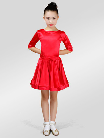 レッドラテンダンス衣装　パフォーマンス　ラテンダンサー　無地　サテンファブリック　ガールズ用　ドレス&サッシュベルト　