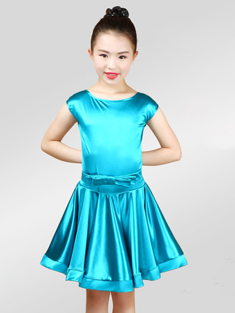 ダズリンブルーラテンダンス衣装　パフォーマンス　ラテンダンサー　無地　サテンファブリック　ガールズ用　ドレス&サッシュベルト　