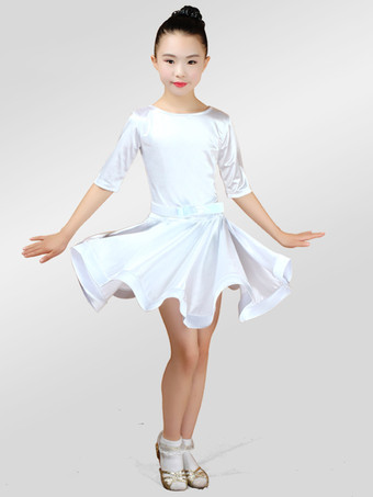 ホワイト ラテンダンス衣装　パフォーマンス　ラテンダンサー　無地　サテンファブリック　ガールズ用　ドレス&サッシュベルト　