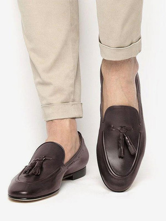 Mocasines marrones para hombre con punta redonda y borlas vestido sin cordones zapatos de novio con borlas