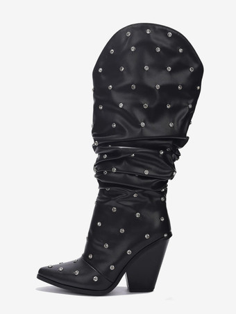 ブラック ワイド カーフブーツ レディース ポインテッドトゥ ビーズ ウェッジヒール スラウチブーツ