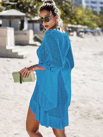 クローシェ編みカバーアップドレスレディース　2025　Vネック　ロングスリーブ　シアービーチドレス