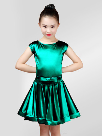 ダークグリーンラテンダンス衣装　パフォーマンス　ラテンダンサー　無地　サテンファブリック　ガールズ用　ドレス&サッシュベルト　