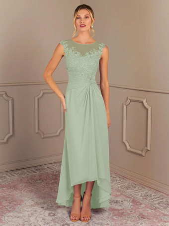 セージグリーンパーティードレス 花嫁の母用 ジュエルネック ノースリーブ Aライン プリーツ 結婚式のゲストドレス