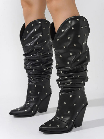 ブラック ワイド カーフブーツ レディース ポインテッドトゥ ビーズ ウェッジヒール スラウチブーツ