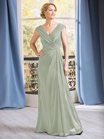 セージグリーンブライダルマザードレス Vネック ノースリーブ Aライン プリーツ フロアレングス ウェディングゲストドレス
