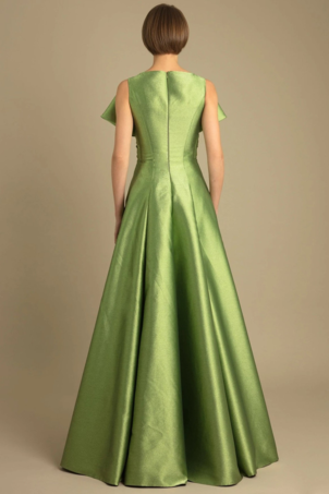 イブニングドレス Aラインデザイン ネックライン フロアレングス ジッパー リボン サテン生地 社交ページェントドレス