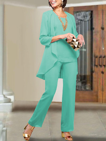 ブルーグリーン花嫁の母親のためのパーティードレス ジュエルネック 7分袖 シースティアード フロアレングス ウェディングゲストドレス