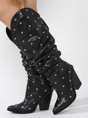 ブラック ブラック ワイド カーフブーツ レディース ポインテッドトゥ ビーズ ウェッジヒール スラウチブーツ