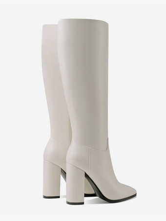 女性ブーツ チャンキーヒール PU レザー ブラック ニーハイブーツ