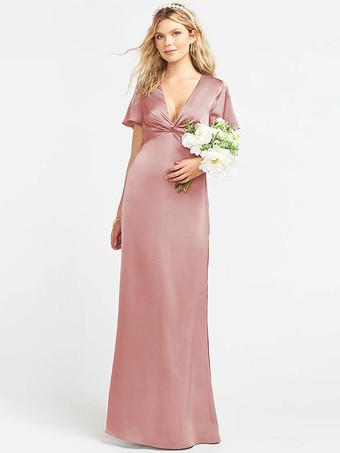 lotus roseRobe de demoiselle d'honneur robe cocktail mariage col V manche courte zip sur dos