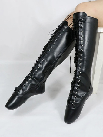 ブラックセクシーなブーツレディース　2025　PUレザー　レースアップバレエブーツ