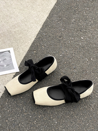 ブラック バレリーナ フラット スクエアトゥ レースアップ バレエ フラット シューズ レディース
