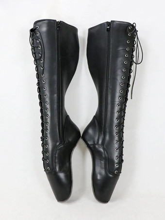 ブラックセクシーなブーツレディース　2025　PUレザー　レースアップバレエブーツ