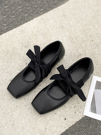 ブラック バレリーナ フラット スクエアトゥ レースアップ バレエ フラット シューズ レディース