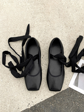 ブラック バレリーナ フラット スクエアトゥ レースアップ バレエ フラット シューズ レディース