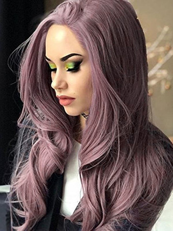 パープル 女性ロングウィッグピンクカーリー耐熱繊維カジュアルレイヤードロング合成ウィッグ