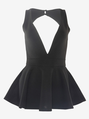 Vestido de club para mujer Vestido sexy sin espalda de poliéster sin mangas con cuello en V negro